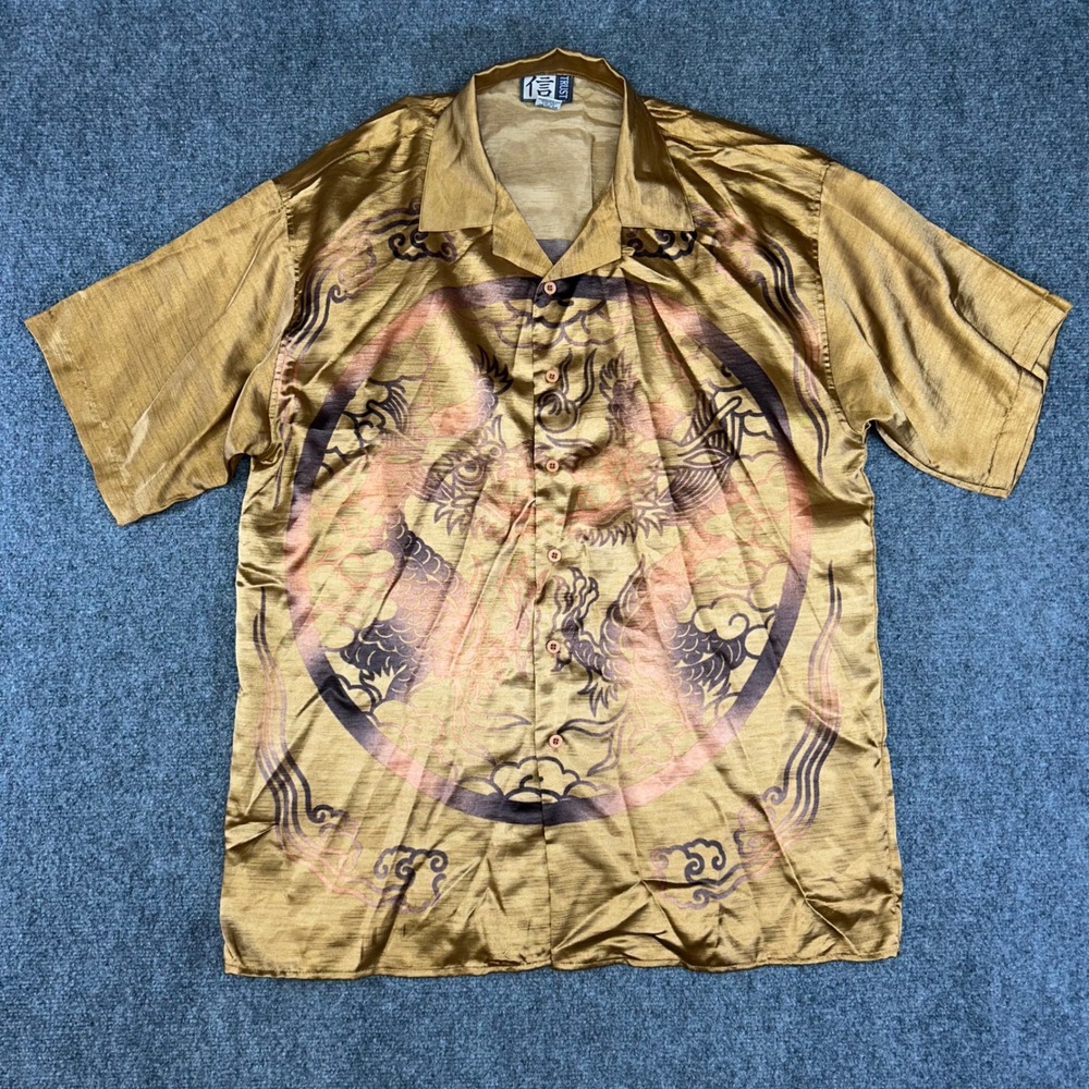 Trust Mens Dragon Graphic Button Down Shirt Gold Bronze Short Sleeve Large
